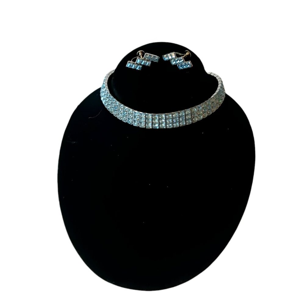 Vintage Light Blue Rhinestone Choker Necklace Screw Back Earrings Prong Setting